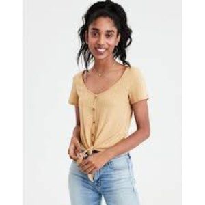 AE Pointelle Button-Down Tie-Front Tee ~ Yellow